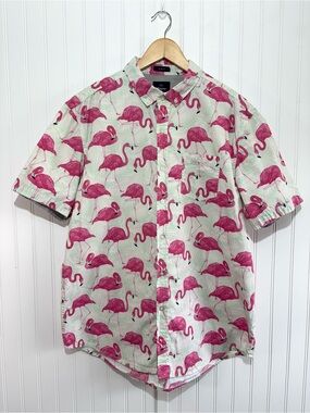 Artistry in Motion Flamingo Print Button Up Slim Fit Shirt Tropical Pink XL